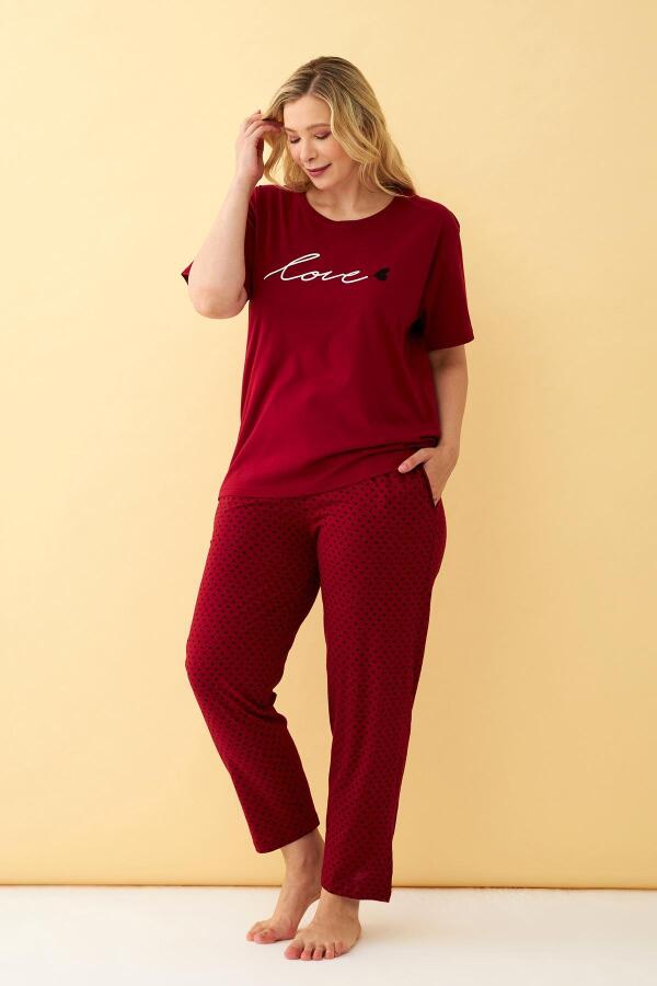 Angelino Kadın Bordo Love Yazılı Büyük Beden Pijama Takımı - 1