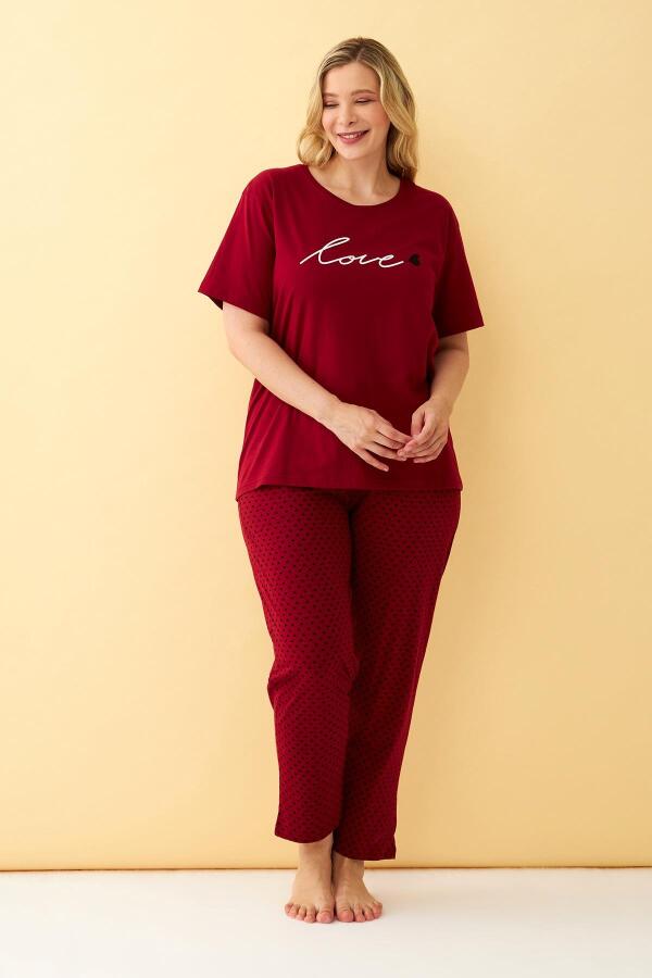Angelino Kadın Bordo Love Yazılı Büyük Beden Pijama Takımı - 2