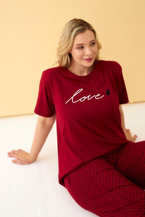 Angelino Kadın Bordo Love Yazılı Büyük Beden Pijama Takımı - 3