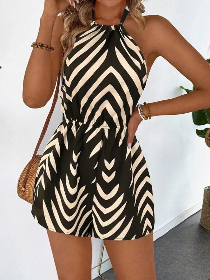 Kadın Boyundan Askılı Halter Yakalı Desenli Süprem Tulum - 3