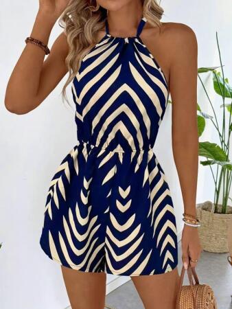 Kadın Boyundan Askılı Halter Yakalı Desenli Süprem Tulum - ANGELINO BuyukBedeniz (1)