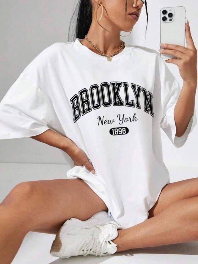 Kadın Brooklyn New York Baskılı Oversize Tshirt - 1