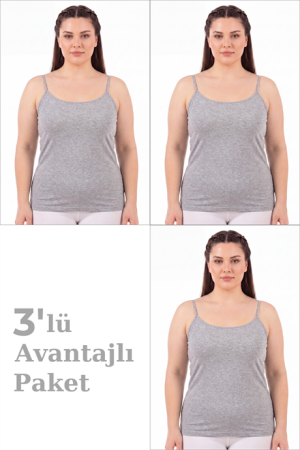 Kadın Büyük Beden İp Askılı Atlet Pamuklu Likralı Yumuşak Esnek Kumaş 3'lü Paket - Angelino