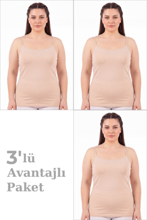 Kadın Büyük Beden İp Askılı Atlet Pamuklu Likralı Yumuşak Esnek Kumaş 3'lü Paket - Angelino