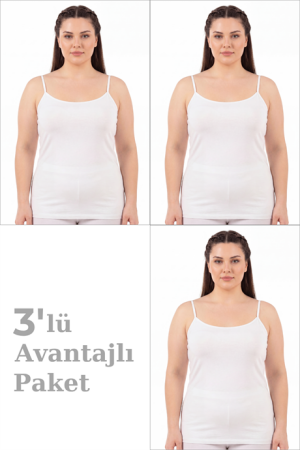 Kadın Büyük Beden İp Askılı Atlet Pamuklu Likralı Yumuşak Esnek Kumaş 3'lü Paket - Angelino
