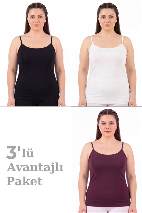 Kadın Büyük Beden İp Askılı Atlet Pamuklu Likralı Yumuşak Esnek Kumaş 3'lü Paket - 1