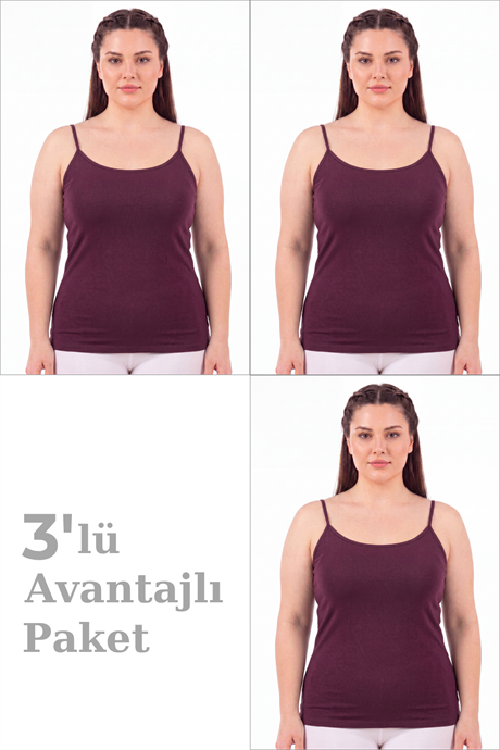 Kadın Büyük Beden İp Askılı Atlet Pamuklu Likralı Yumuşak Esnek Kumaş 3'lü Paket - 1