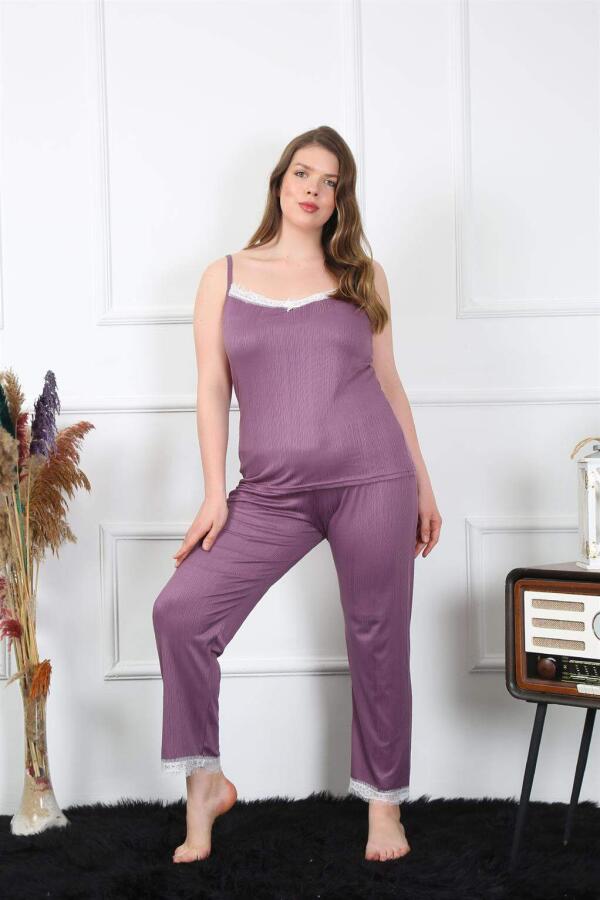Kadın Büyük Beden Mürdüm İp Askılı Pijama Takım 202195 - 2