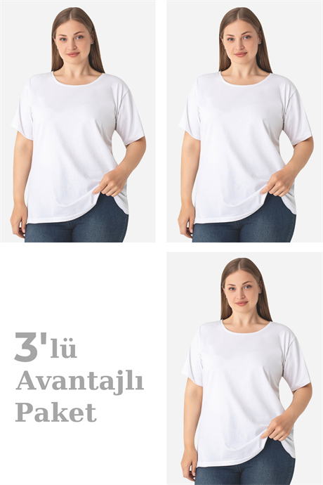 Kadın Büyük Beden Pamuklu Basic Kısa Kollu Bisiklet Yaka Tişört Beyaz 3'lü Paket - 1