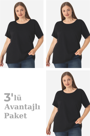 Kadın Büyük Beden Pamuklu Basic Kısa Kollu Bisiklet Yaka Tişört Siyah 3'lü Paket - Arma Yıldız