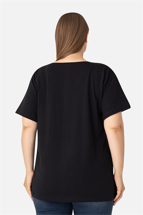 Kadın Büyük Beden Pamuklu Basic Kısa Kollu Bisiklet Yaka Tişört Siyah 3'lü Paket - 5