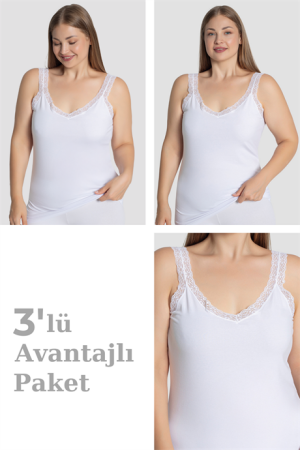 Kadın Büyük Beden Pamuklu Dantelli Atlet Esnek ve Rahat Beyaz 3'lü Paket - Angelino