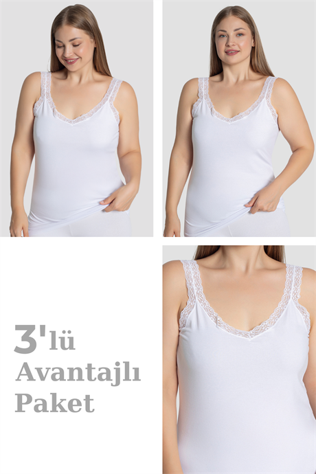 Kadın Büyük Beden Pamuklu Dantelli Atlet Esnek ve Rahat Beyaz 3'lü Paket - 1
