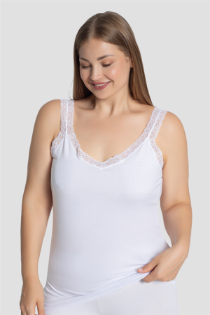 Kadın Büyük Beden Pamuklu Dantelli Atlet Esnek ve Rahat Beyaz 3'lü Paket - 3
