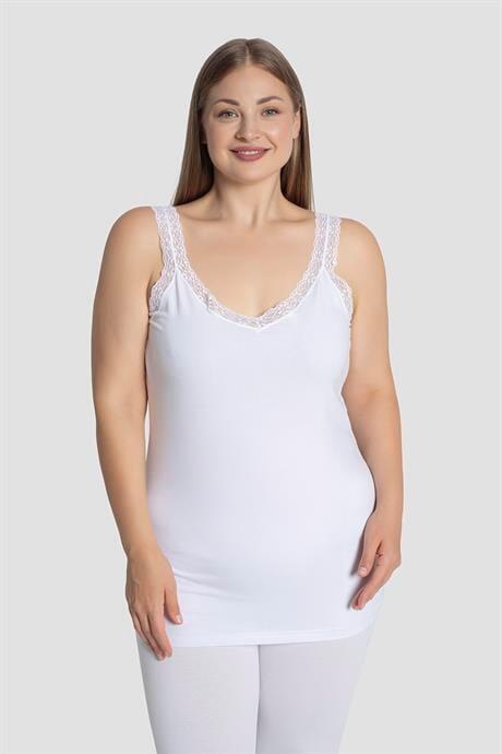 Kadın Büyük Beden Pamuklu Dantelli Atlet Esnek ve Rahat Beyaz 3'lü Paket - 4