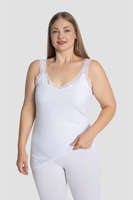 Kadın Büyük Beden Pamuklu Dantelli Atlet Esnek ve Rahat Beyaz 3'lü Paket - 5