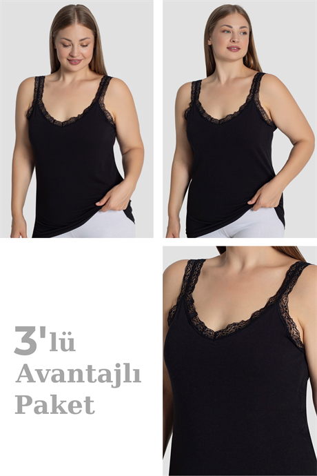 Kadın Büyük Beden Pamuklu Dantelli Atlet Esnek ve Rahat Siyah 3'lü Paket - 1