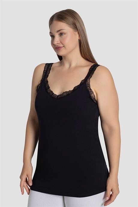 Kadın Büyük Beden Pamuklu Dantelli Atlet Esnek ve Rahat Siyah 3'lü Paket - 4