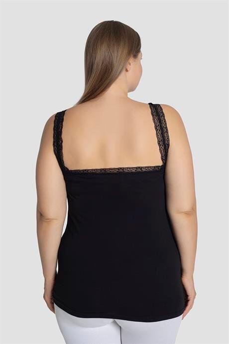 Kadın Büyük Beden Pamuklu Dantelli Atlet Esnek ve Rahat Siyah 3'lü Paket - 6