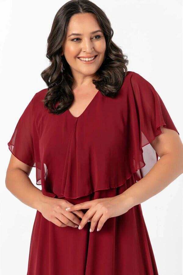 Kadın Büyük Beden Şifon V Yaka Pelerinli Büyük Beden Şık Abiye KL3065 Bordo - Angelino Butik