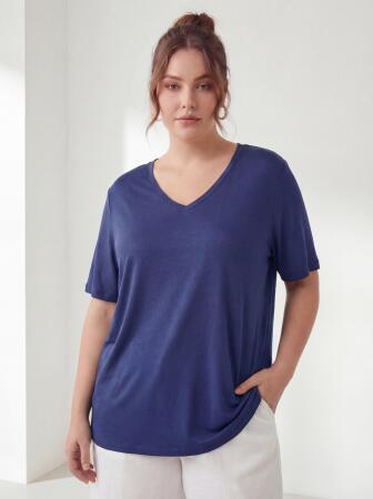 Kadın Büyük Beden V Yaka Tişört Lacivert - RMG