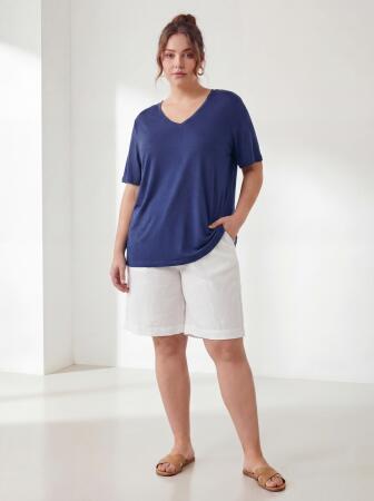 Kadın Büyük Beden V Yaka Tişört Lacivert - RMG (1)