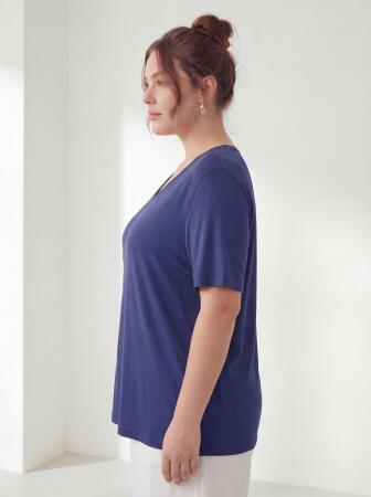 Kadın Büyük Beden V Yaka Tişört Lacivert - 3