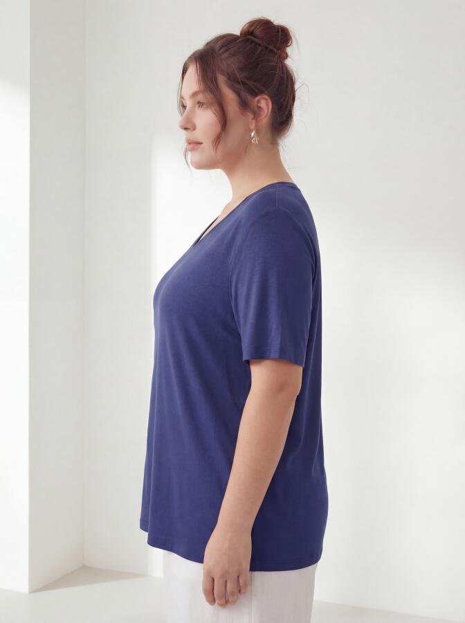 Kadın Büyük Beden V Yaka Tişört Lacivert - 3