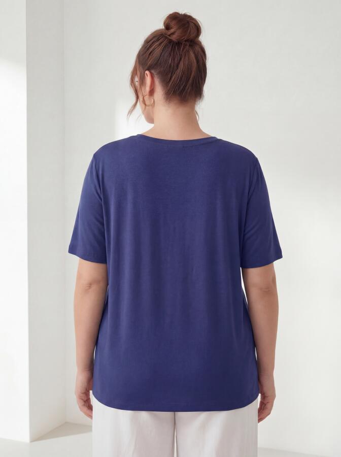 Kadın Büyük Beden V Yaka Tişört Lacivert - 4