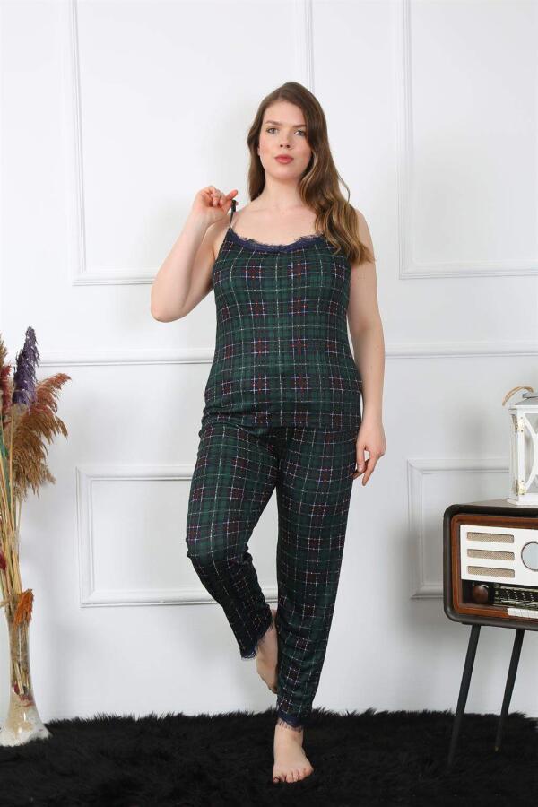 Kadın Büyük Beden Yeşil Ekoseli İp Askılı Pijama Takım 202197 - 1