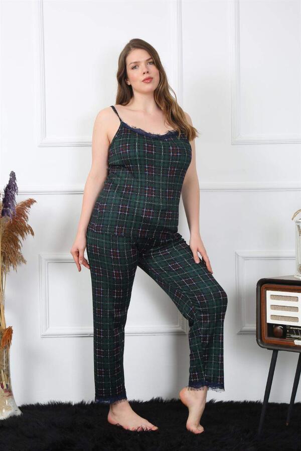 Kadın Büyük Beden Yeşil Ekoseli İp Askılı Pijama Takım 202197 - 2
