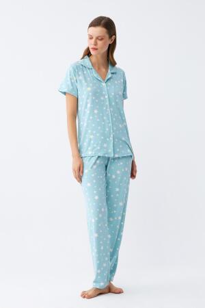Angelino Kadın Buz Mavisi Yıldız Desenli Önden Düğmeli Pijama Takımı - 3