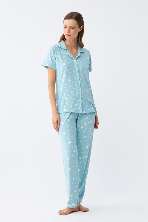 Angelino Kadın Buz Mavisi Yıldız Desenli Önden Düğmeli Pijama Takımı - 3