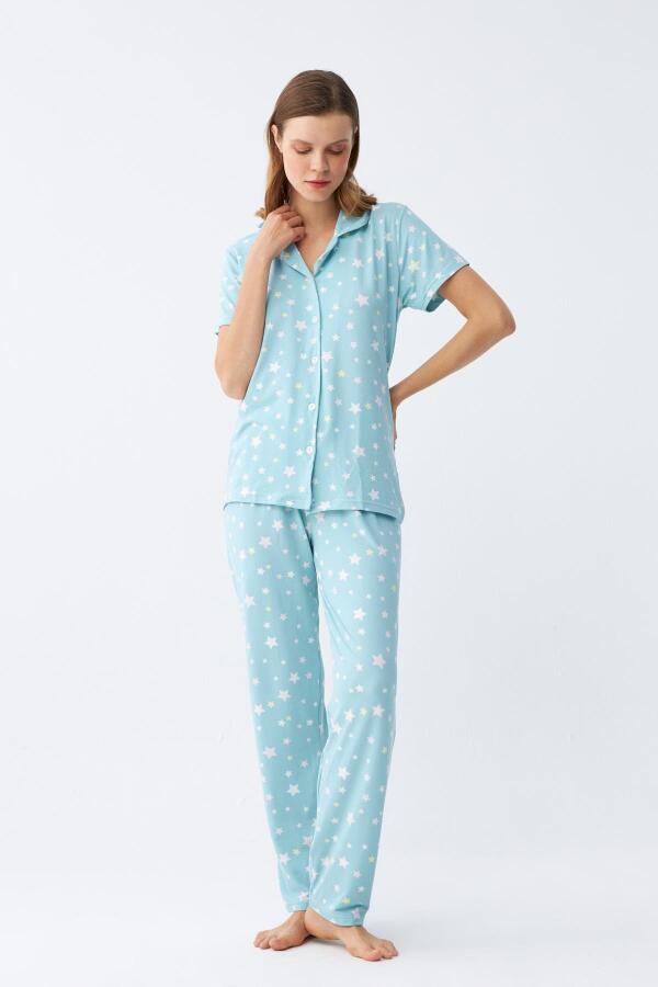 Angelino Kadın Buz Mavisi Yıldız Desenli Önden Düğmeli Pijama Takımı - 4