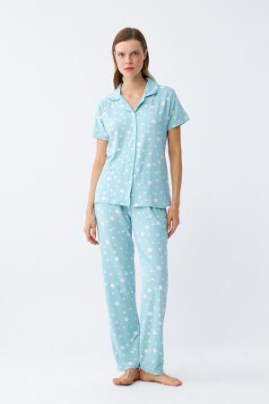 Angelino Kadın Buz Mavisi Yıldız Desenli Önden Düğmeli Pijama Takımı - 5