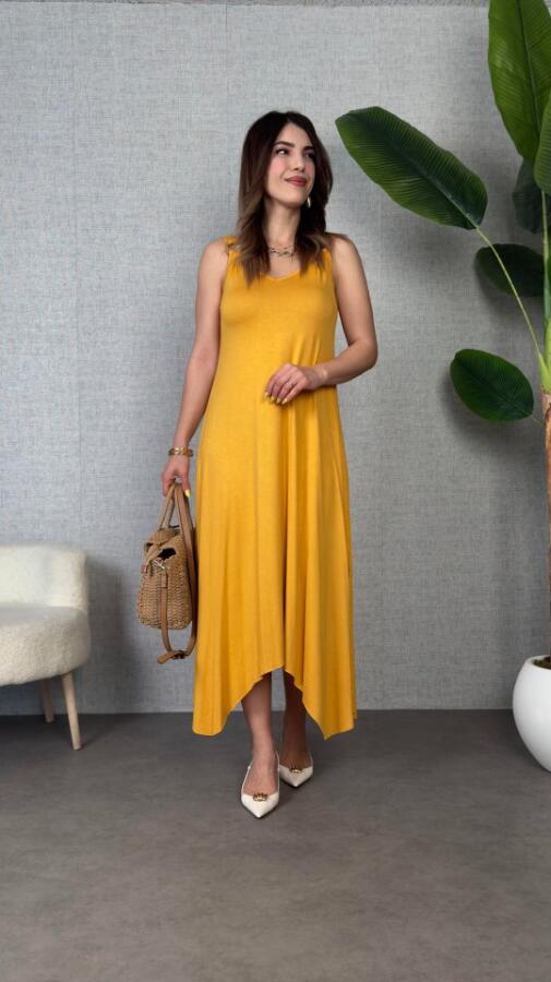 Kadın çan Dokuma Kumaş V Yaka Asimetrik Kesim Elbise - 1