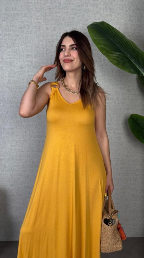 Kadın çan Dokuma Kumaş V Yaka Asimetrik Kesim Elbise - 3