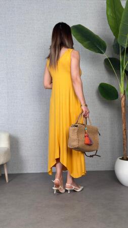 Kadın çan Dokuma Kumaş V Yaka Asimetrik Kesim Elbise - 5