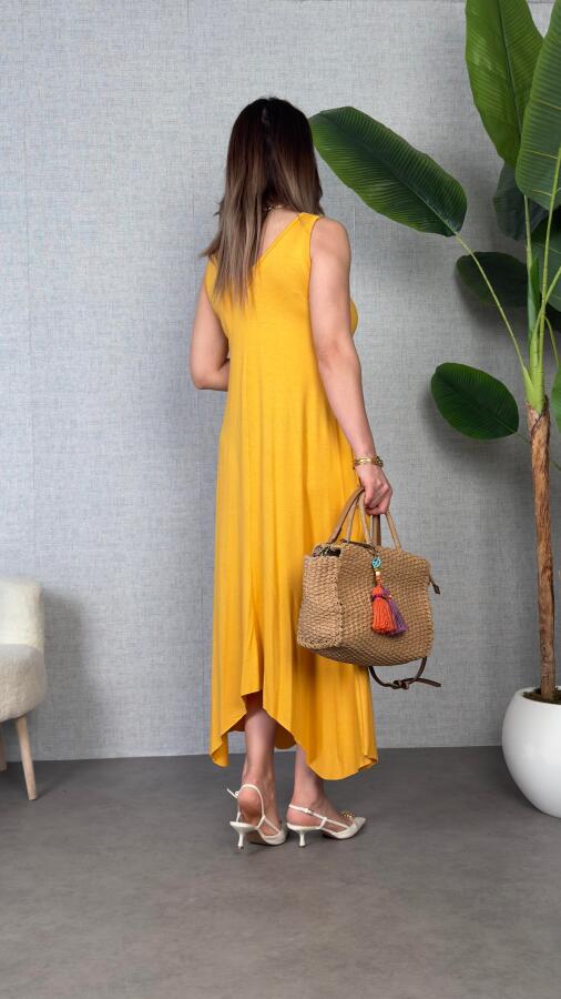 Kadın çan Dokuma Kumaş V Yaka Asimetrik Kesim Elbise - 5