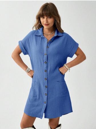 Kadın Cep Detay Müslin Kumaş Mini Gömlek Elbise - ANGELINO BuyukBedeniz (1)