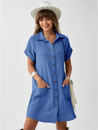 Kadın Cep Detay Müslin Kumaş Mini Gömlek Elbise - 3