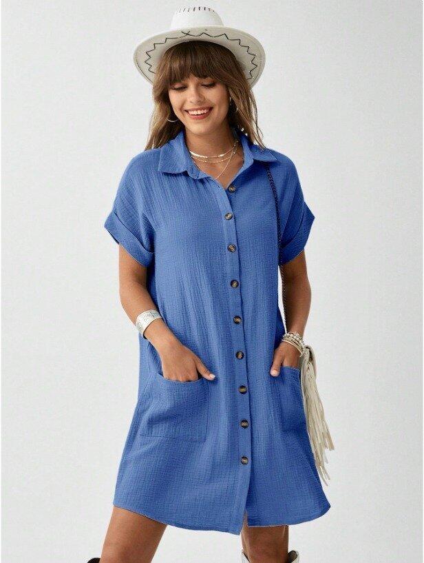 Kadın Cep Detay Müslin Kumaş Mini Gömlek Elbise - 3