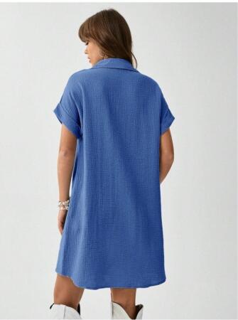 Kadın Cep Detay Müslin Kumaş Mini Gömlek Elbise - 4