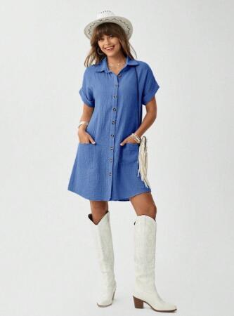 Kadın Cep Detay Müslin Kumaş Mini Gömlek Elbise - 5