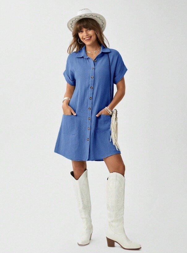 Kadın Cep Detay Müslin Kumaş Mini Gömlek Elbise - 5