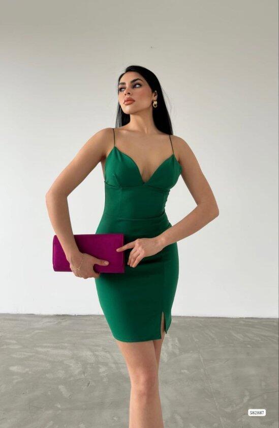 Kadın Dalgıç Krep Kumaş Askılı Mini Elbise - 3