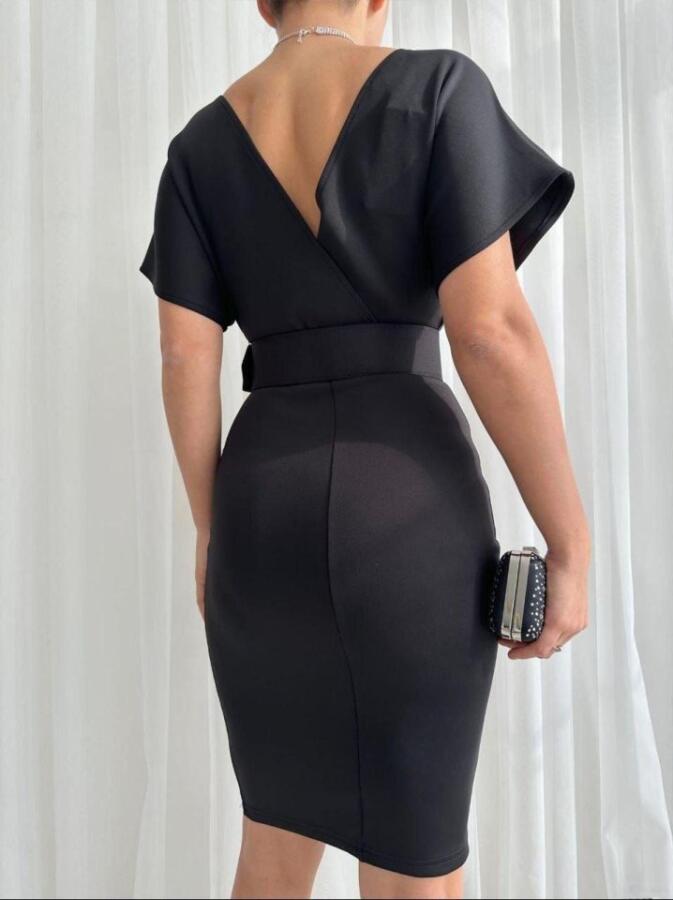 Kadın Dalgıç Krep V Yaka Ve Sırt Dekolte Detaylı Elbise - 5