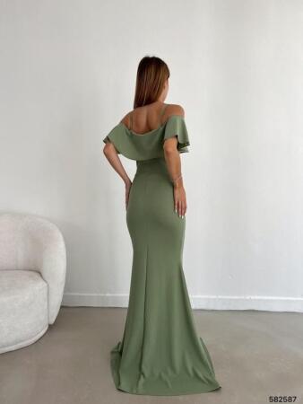 Kadın Dalgıç Krep Yırtmaç Detaylı Askılı Maxi Boy Elbise - 2