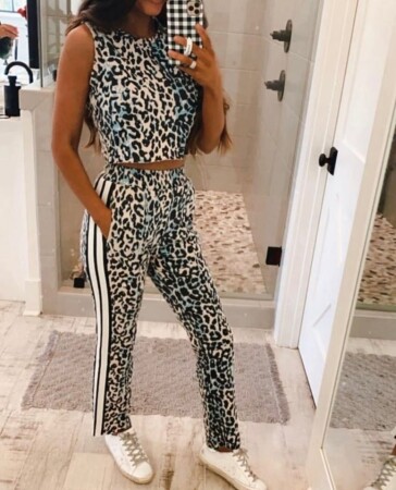 Kadın Dalgıç Kumaş Dijital Leopar Baskılı şerit Detaylı Takım - ANGELINO BuyukBedeniz