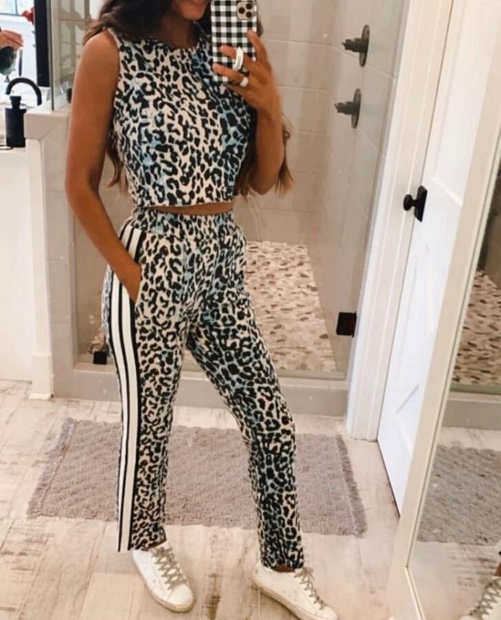 Kadın Dalgıç Kumaş Dijital Leopar Baskılı şerit Detaylı Takım - 1